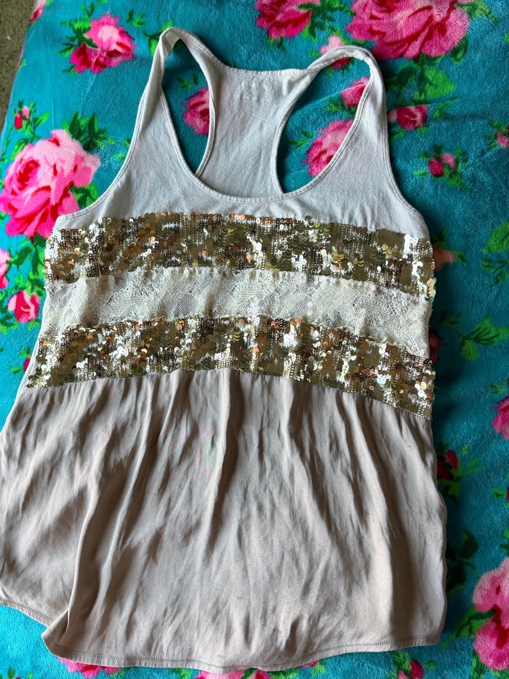 Express Cream Racerback Tank with Gold Sequin Stripes